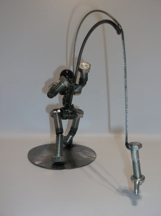 Fisherman, Angler, Metal Bolt Figurine, Upcycled Art